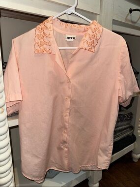 Vintage Light Peach Embroidered Collar Button-Up Blouse